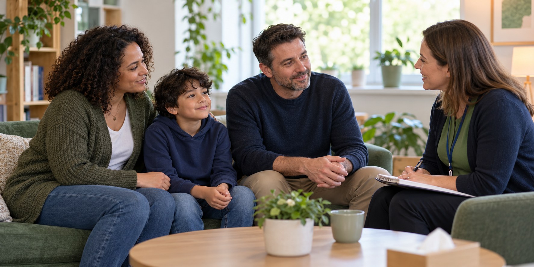 Two parents and their child speaking with a family support adviser
