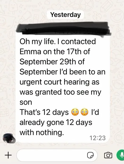 Client WhatsApp feedback about support with an urgent court hearing. Identifying details are redacted.