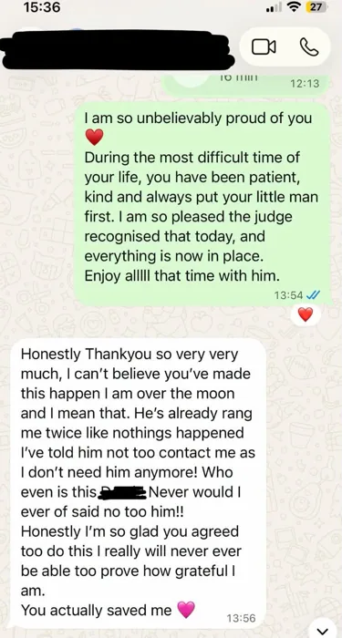 WhatsApp correspondence thanking Emma for support. Identifying details are redacted.
